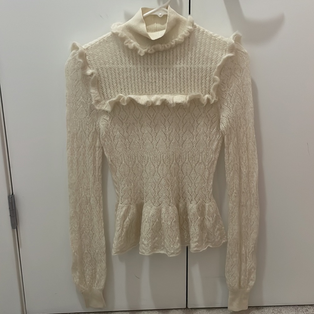 Intermix Cream Ruffle Turtleneck Knit Sweater Size XS